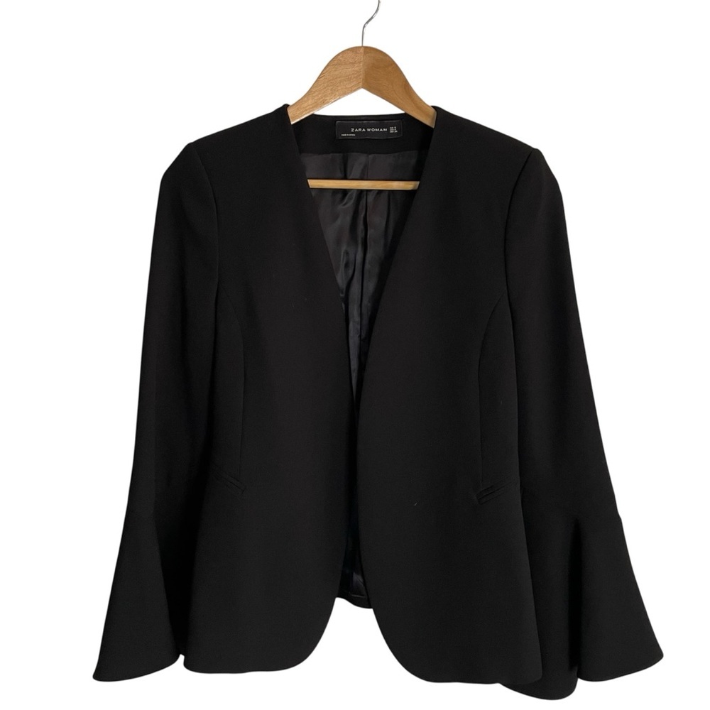 Zara Women's Classic Black Open-Front Blazer With Flute-style Sleeves Size Small